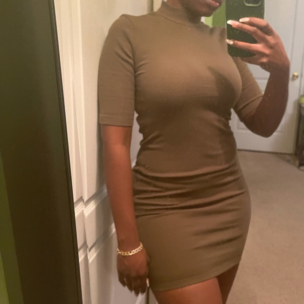 Olive Mock Neck Ribbed Dress - Picture 10 of 10